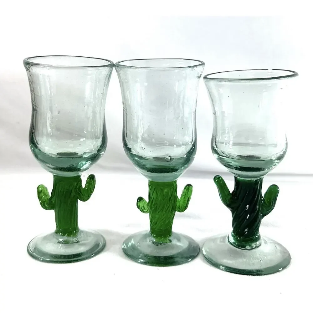 Vintage Hand Blown Glass Cactus Goblets Set of 3 Green Saguaro Mexican Style